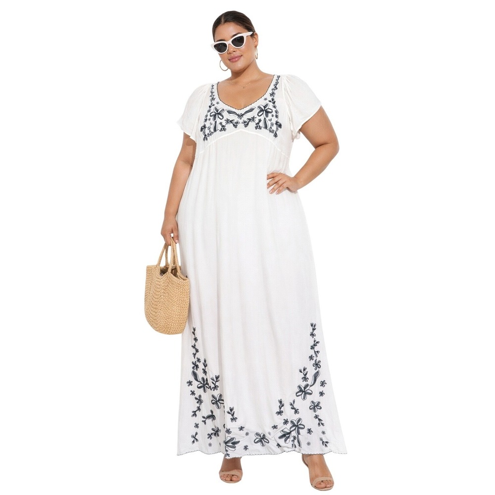 J.Crew Ivory Floral Embroidered Smocked Empire Waist Maxi Dress 24 Plus Size